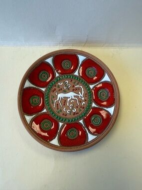 Vintage Bonis Pottery Terracotta Ceramic Trinket Tray Wall Plate with Deer Motif